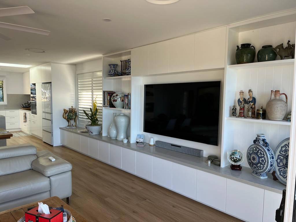 Side View of Living Room with Custom Kitchen Cabinets