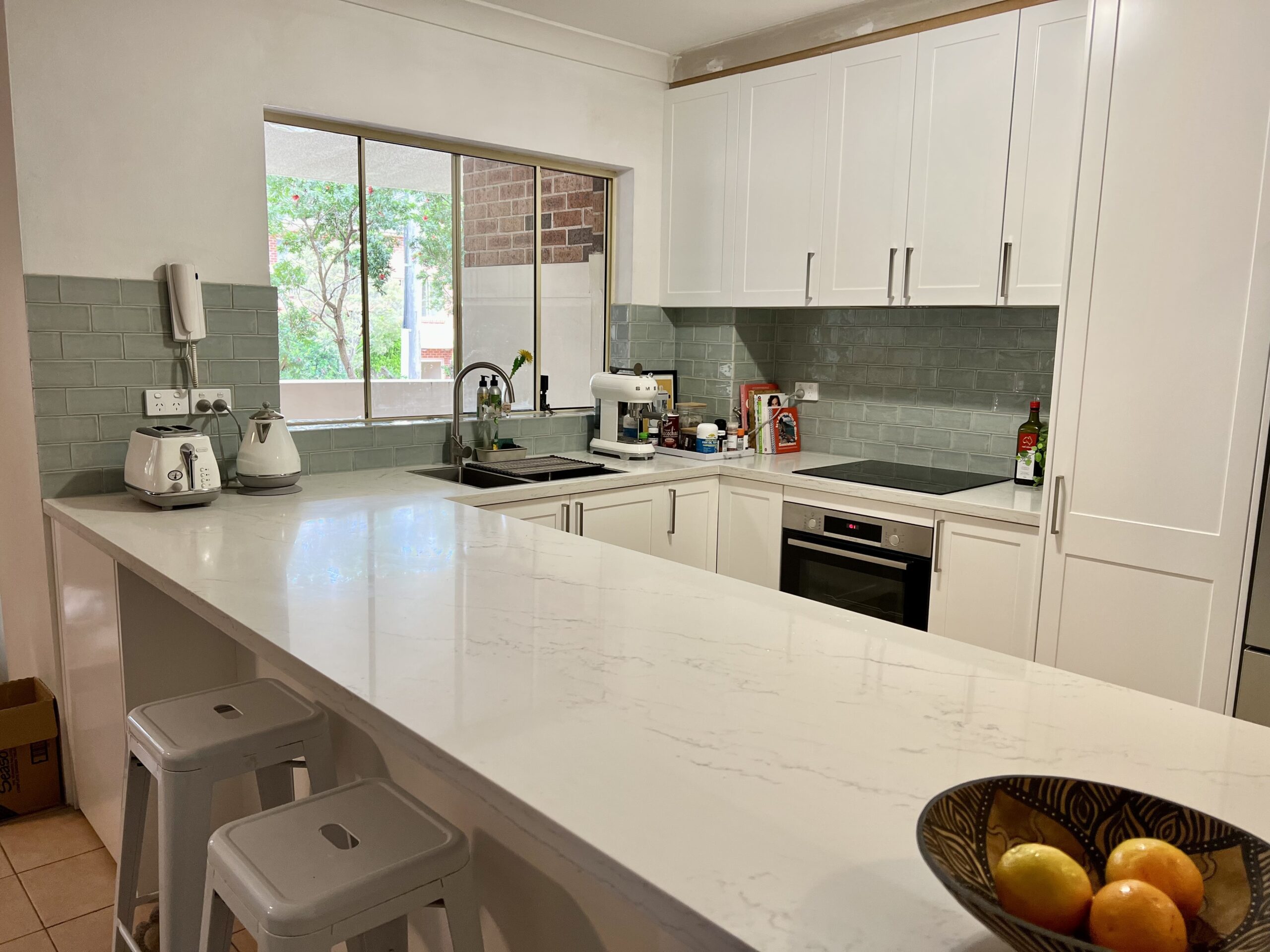 White Marble Benchtop Peninsula Kitchen(Front view)