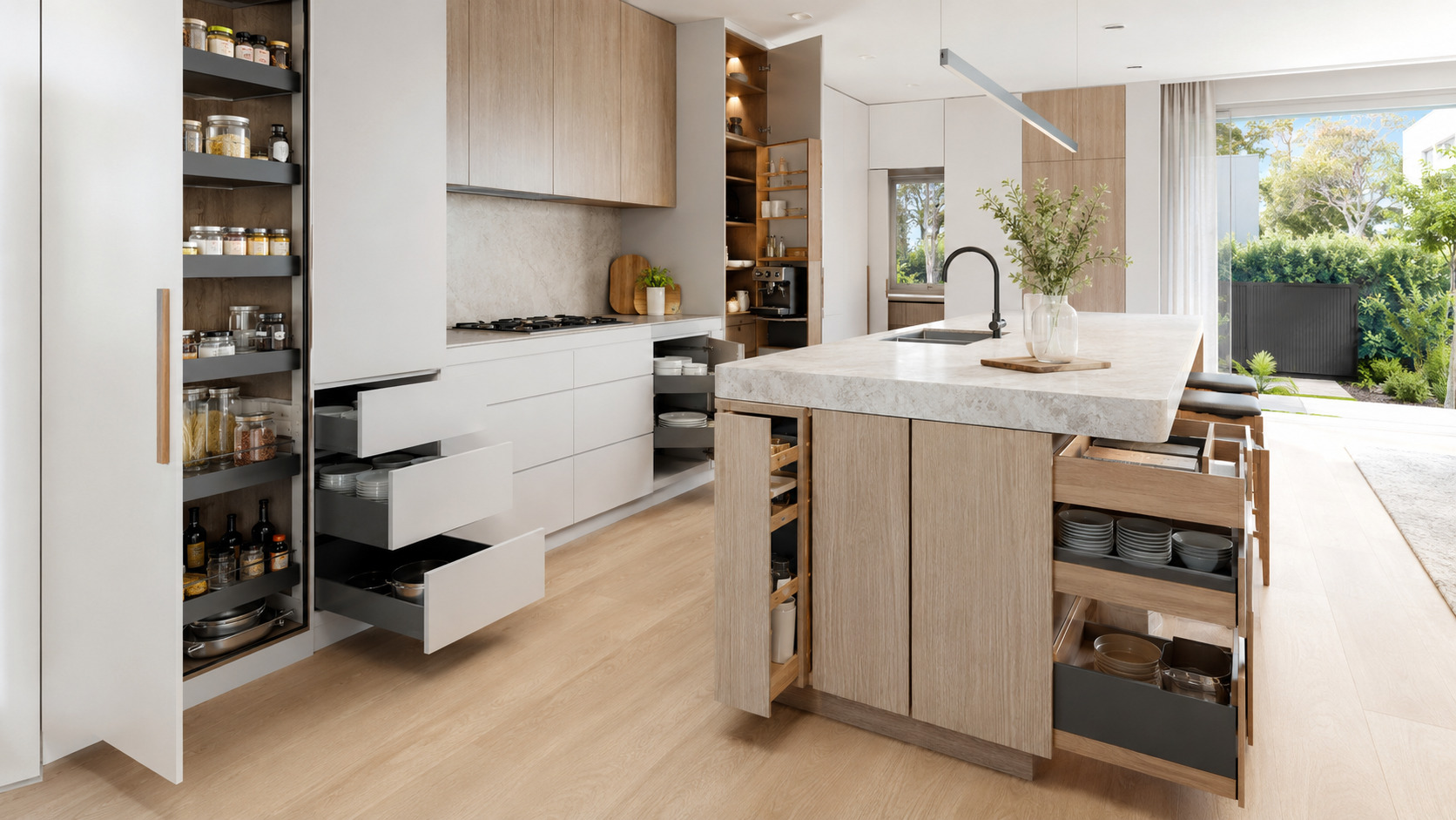Custom kitchen renovation with full-height cabinets, deep drawers and organised pantry storage in Sydney