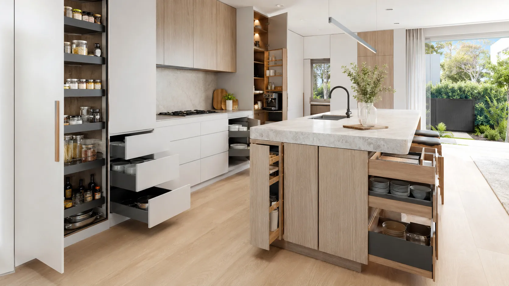 Custom kitchen renovation with full-height cabinets, deep drawers and organised pantry storage in Sydney